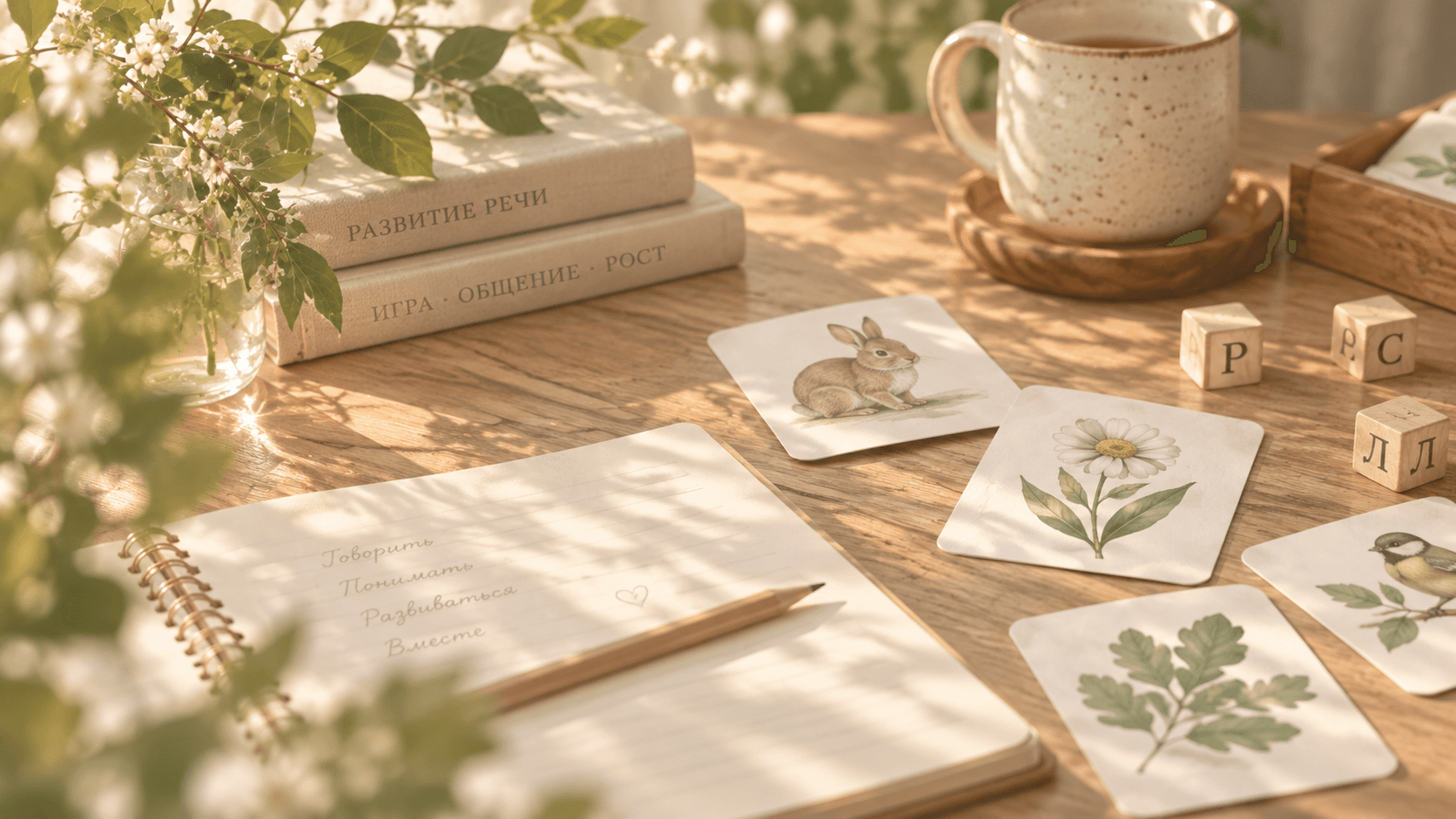 Рабочий стол с книгами, блокнотом и карточками занятия